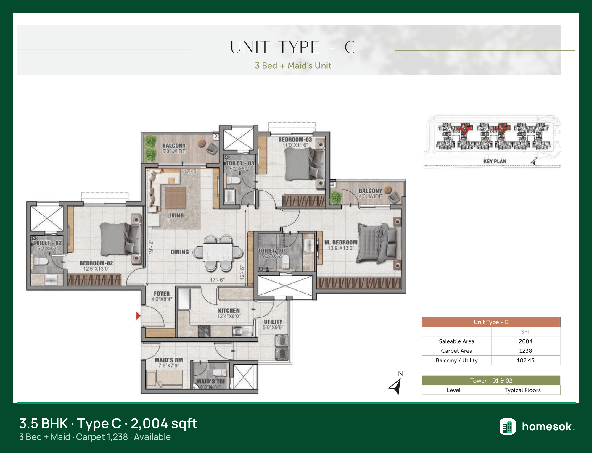 Prestige Elm Park 3 Bed + Maid's · Type C · Towers 1 & 2 unit plan