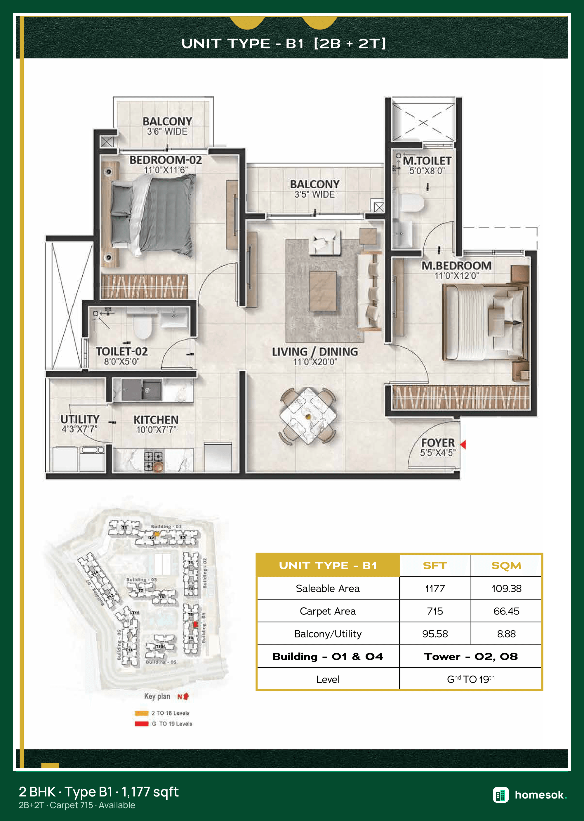 Prestige Evergreen 2 Bed · 2 Toilet · Type B1 unit plan