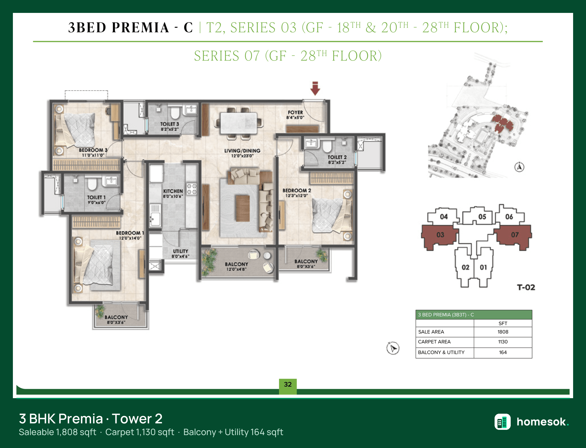 Fernvale @ The Prestige City Premia (3 bed · 3 toilet) · Tower 2 · GF–28th floor unit plan