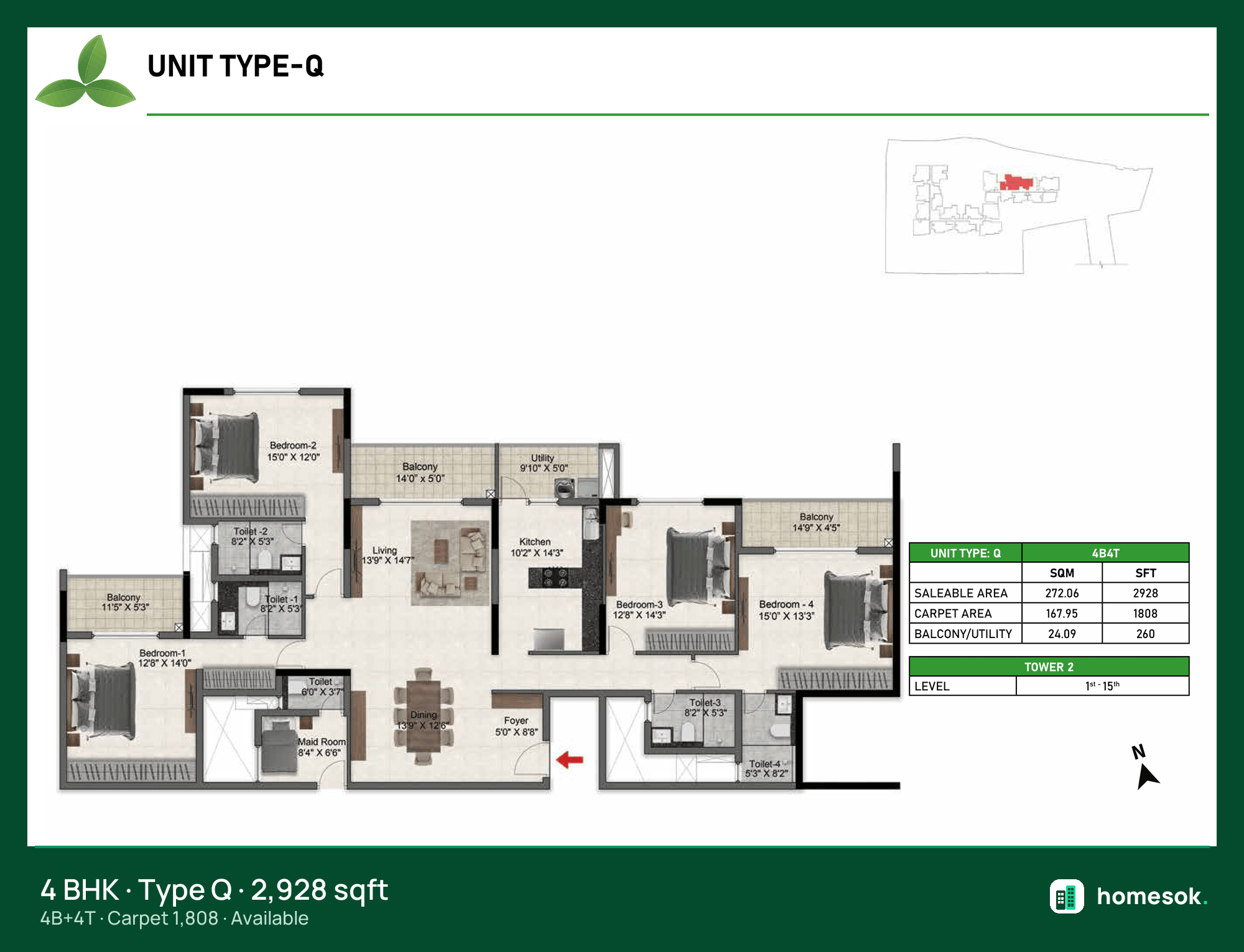 Prestige Glenbrook Type Q (4 bed · 4 toilet + maid's) · Tower 2 unit plan
